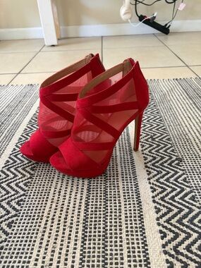 Mix No. 6 Red Strappy Peep-Toe Stiletto Booties